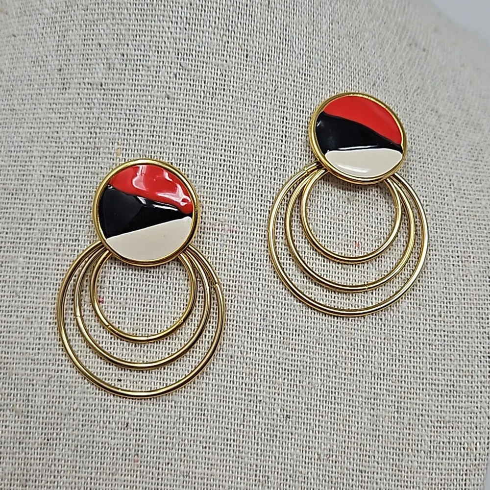 Vintage Enamel Circular Dangle Earrings Gold Tone Red Black Cream